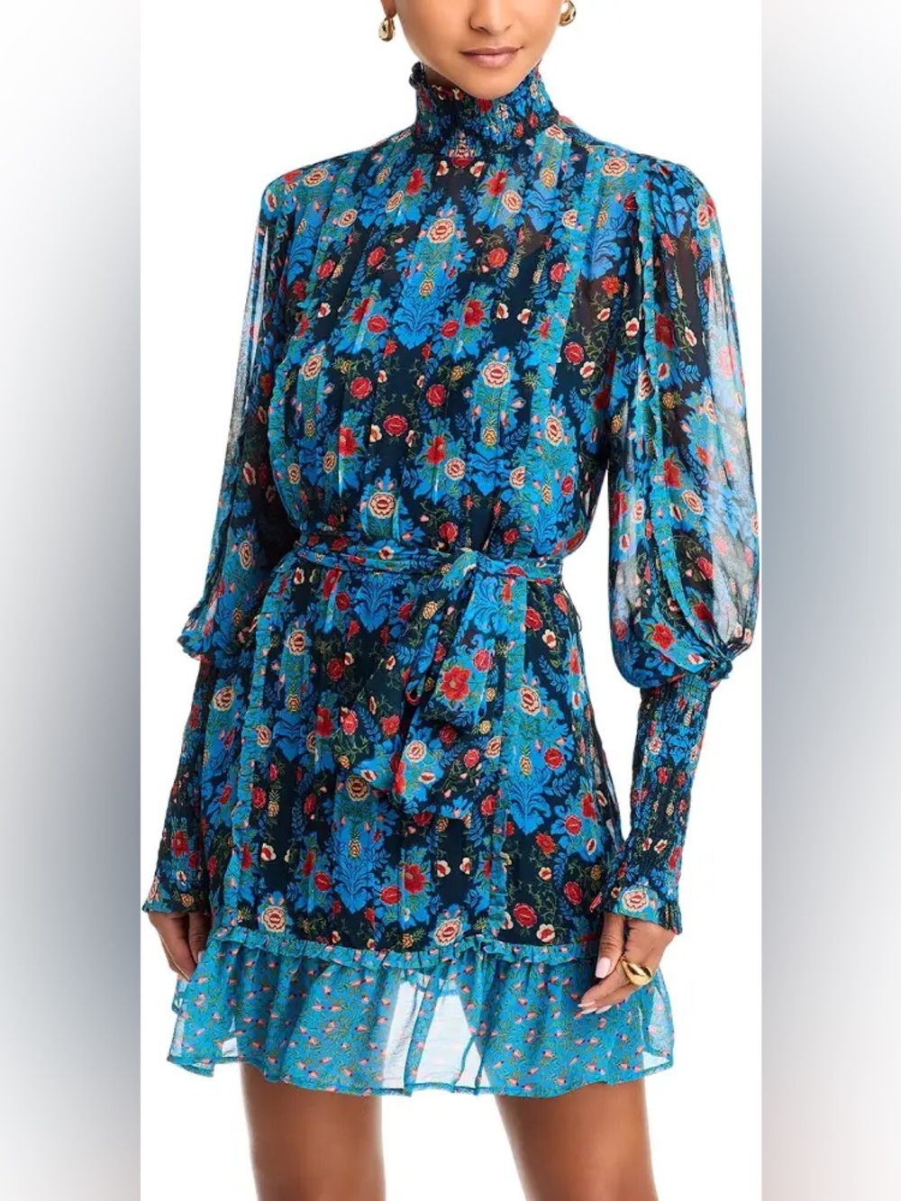 FARM Rio Women's Blue Arabesque Floral Belted Turtleneck Minidress, Large